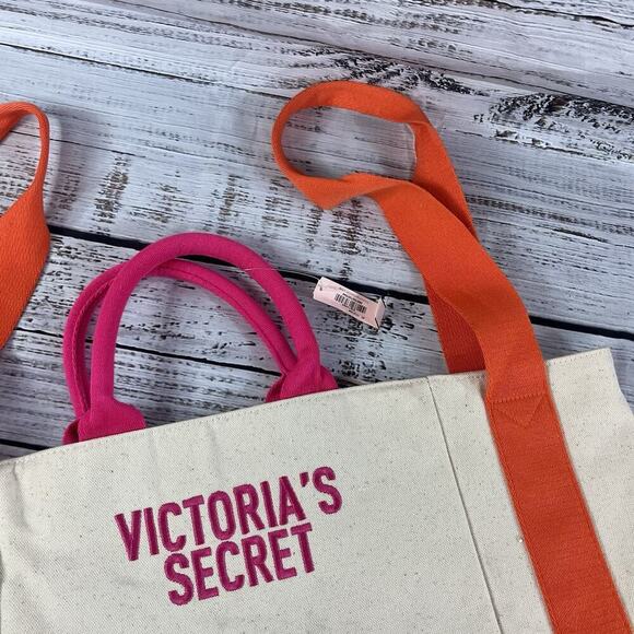 Victoria's Secret Tote Beach Bag Pink Orange Canvas Large Carryall Shoulder - Picture 4 of 8